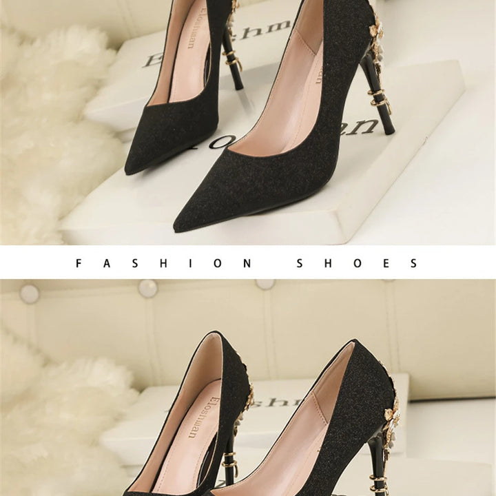 Light Luxury Sexy Women Dress Shoes 2025 Autumn Metal Flower Fashion High Heel Wedding White Pointed Sequins Shiny Female Pumps