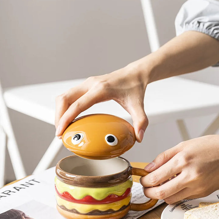 300ML Coffee Mugs Creative Hamburger Shaped Water Cup with Lid Cute and Cute Breakfast Cup Large Capacity Ceramic Hamburger Mug