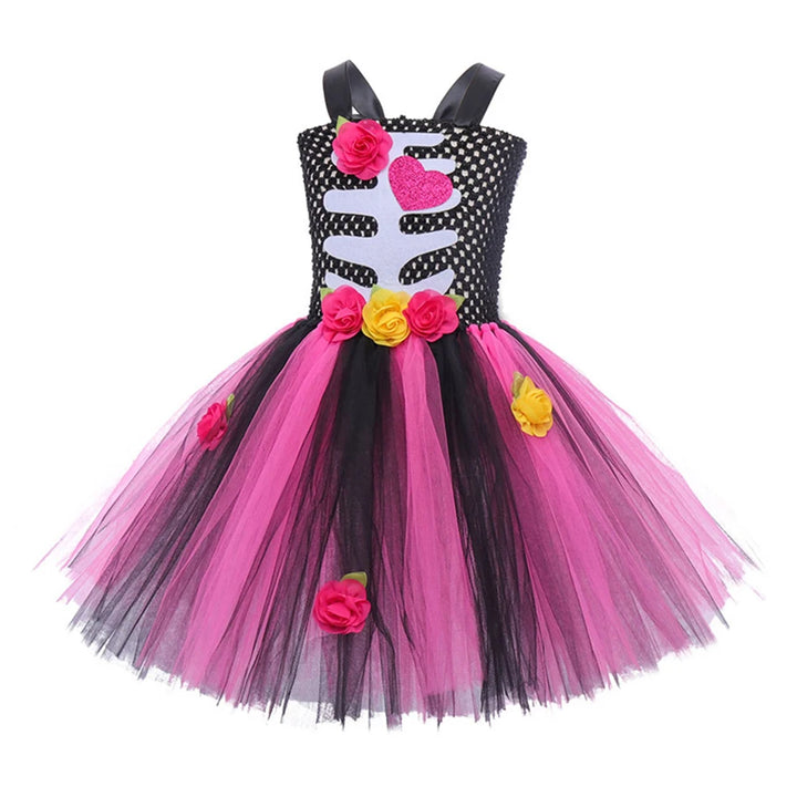 Halloween Kids Dress Cosplay Heart Print Skeleton Costumes Girls Floral Skull Tutu Clothes Children Carnival Performance Outfits
