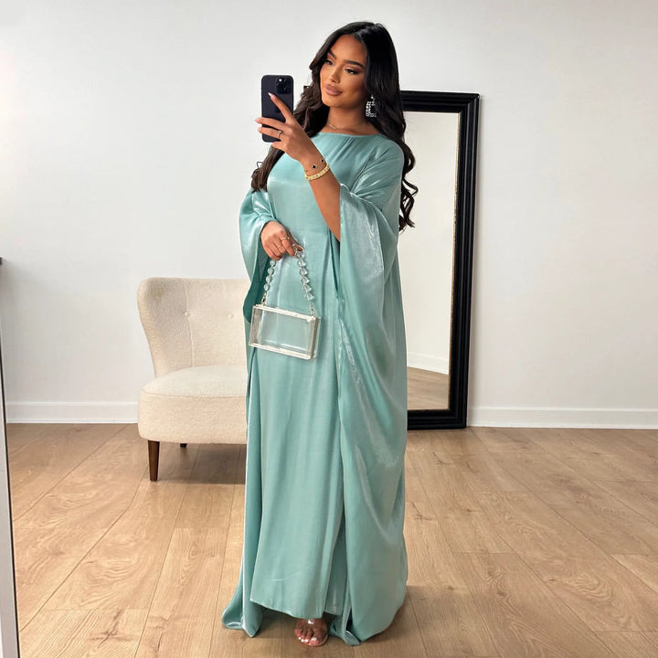 Tossy Autumn Loose Shiny Maxi Dress Butterfly Batwing Long Sleeve Muslim Clothes Party Solid Female Long Dress New