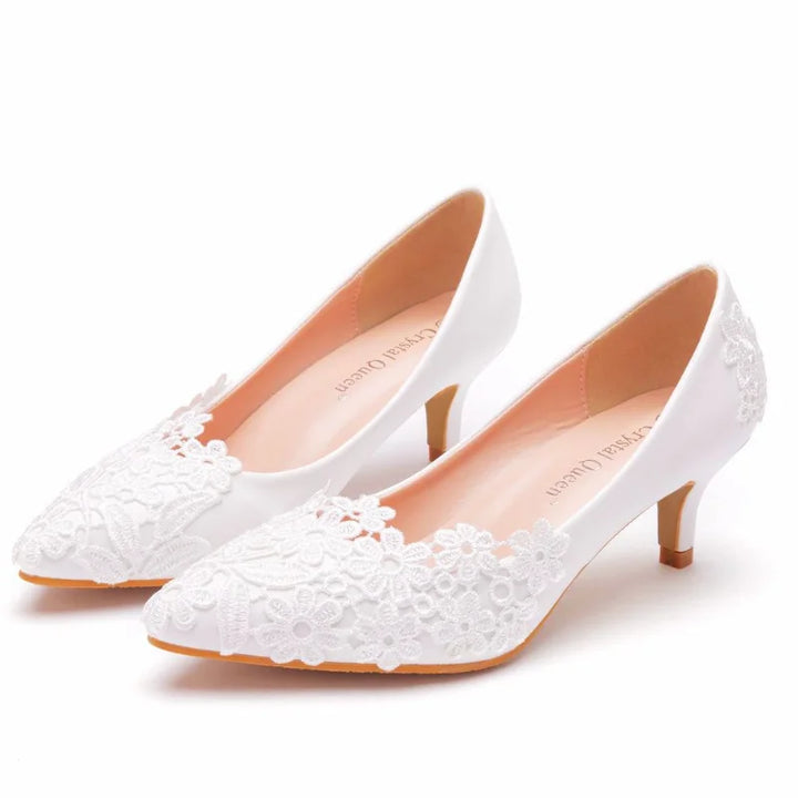 XIHAHA Fashion Women's Crystal Queen White Lace Flower Wedding Shoes Woman Point Toe Slips Lady Dress Flats Sneaker Big Size 43