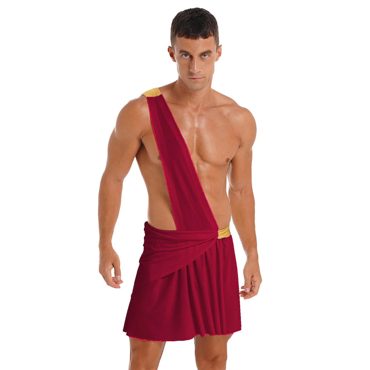 Halloween Ancient Greek Warrior Cosplay Costume Mens One Shoulder Strap Contrast Color Ruffle Skirt Carnival Theme Party Wear
