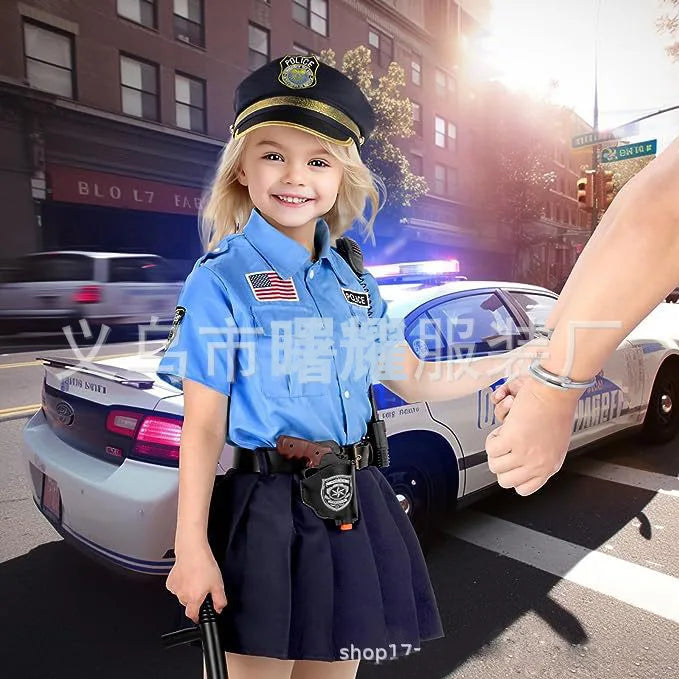 Halloween Kids Police Officer Uniform Costumes Cosplay Girl's Blue Police Dresses Costume for Christmas Party