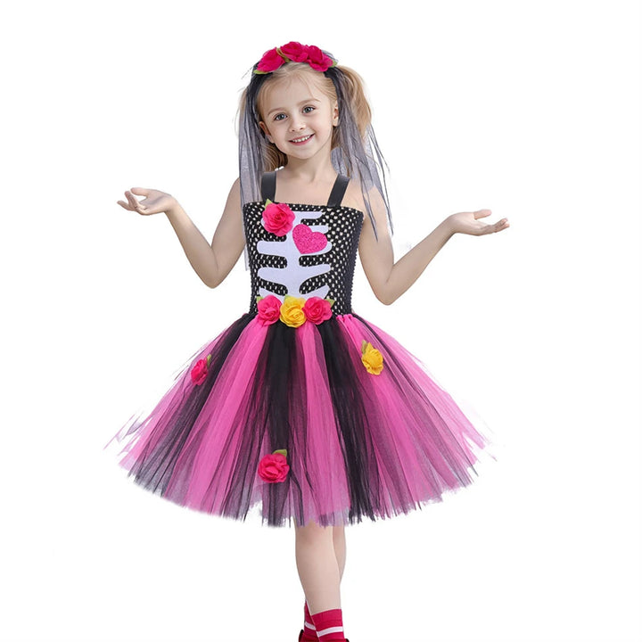 Halloween Kids Dress Cosplay Heart Print Skeleton Costumes Girls Floral Skull Tutu Clothes Children Carnival Performance Outfits