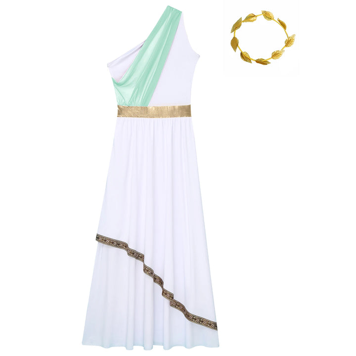 Women Halloween Ancient Greek Dress Ancient Greek Toga Costumes Robe One Shoulder Chiffon Overlay Tunic Dress with Headwear