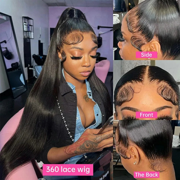 Hidden Strap Straight 360 Lace Front Wigs Human Hair Pre Plucked 12A Glueless Brazilian Virgin Wig With Drawstring HD Full Lace