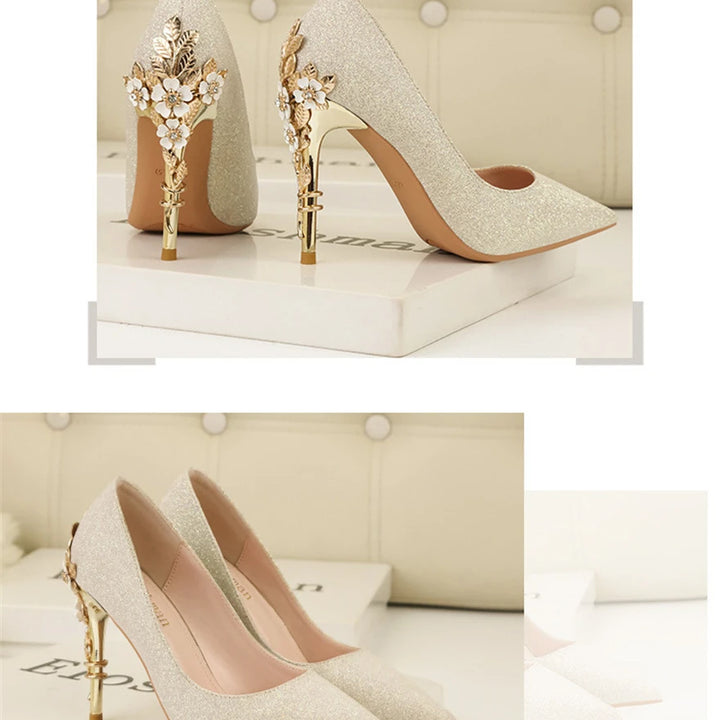 Light Luxury Sexy Women Dress Shoes 2025 Autumn Metal Flower Fashion High Heel Wedding White Pointed Sequins Shiny Female Pumps