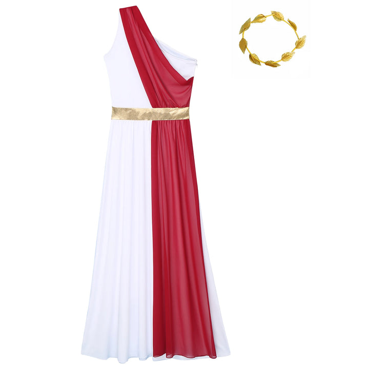 Women Halloween Ancient Greek Dress Ancient Greek Toga Costumes Robe One Shoulder Chiffon Overlay Tunic Dress with Headwear
