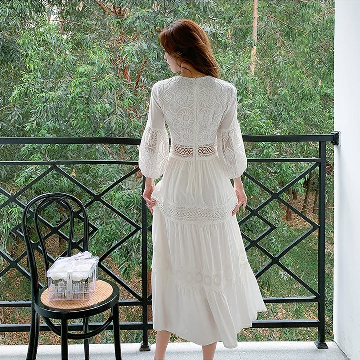 White Long Dress Boho Hollow Out Dress Ladies Elegant Vintage Loose Vestidos