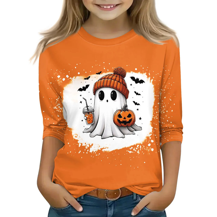 New Halloween Theme Cute Girl Printed T-shirt High Quality Three-quarter Sleeve Round Neck Tops Children Festival Birthday Gift