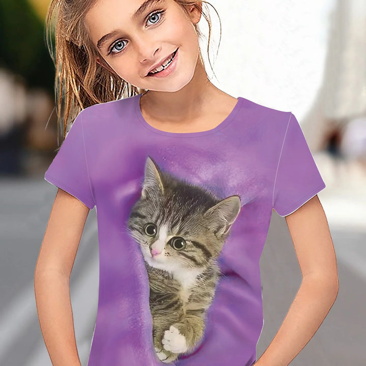 T-Shirt for Girls Cute Kitten Girls Clothes Kids T-Shirt Summer Short Sleeve Children Outdoor Sports Tops T-Shirt for Girls