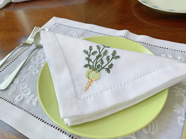 @Vegetable Napkins Hemstitched Embroidery, Linen+Cotton Table Decor, Beetroot, Fennel, Carrot,Home/Airbnb/Banquets/Hotel