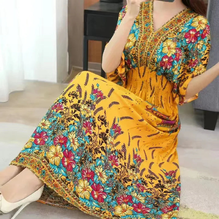 V-neck Large Skirt Hem Casual Sweet Long Dress Bat Sleeves Elastic Waist Bohemian Print Floral Elegant .