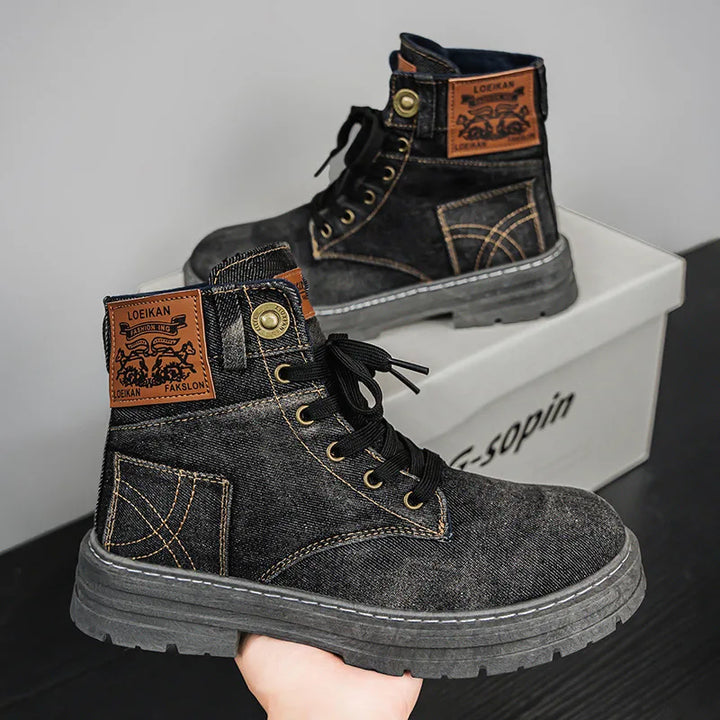 Retro Men's Platform Denim Boots High Quality Men Tooling Boots Fashion Trend Denim Versatile Casual Shoes High Top Working Shoe