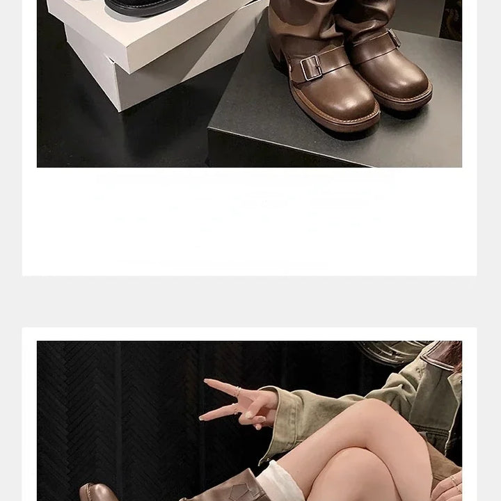 Pleated Buckle Knight Boots for Women Autumn Brown PU Leather Mid Calf Boots Woman Slip-On Thick Heel Riding Botas Mujer 2024