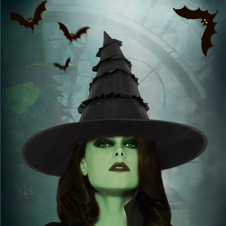 3Pcs Halloween Black Witch Hat With Lace Ruffles – Gothic Dark Sorceress Costume Cap Women Girls Party Cosplay Carnival Decor