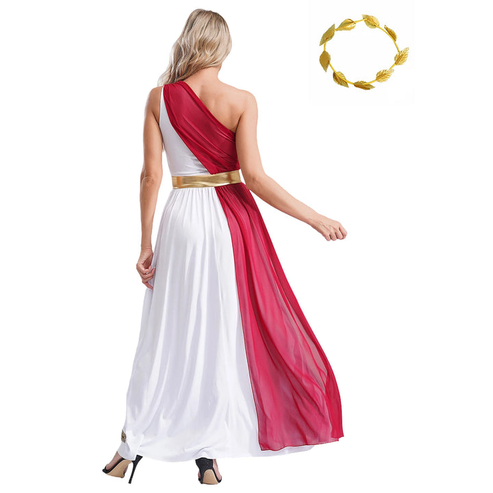 Women Halloween Ancient Greek Dress Ancient Greek Toga Costumes Robe One Shoulder Chiffon Overlay Tunic Dress with Headwear