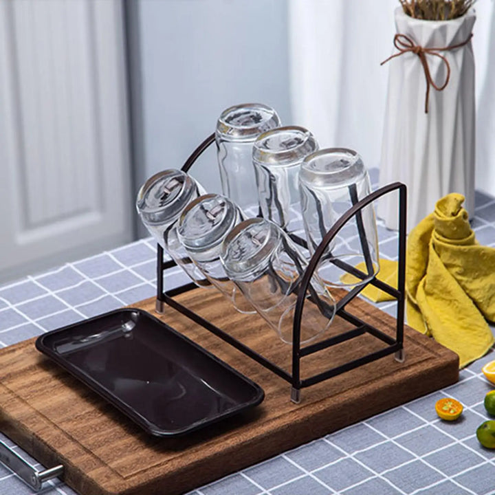 6 Slot Mug Drying Rack Non Slip Silicone Cup Organizer for Kitchen Counter Modern Steel Dish Drainer with Water Catcher Tray