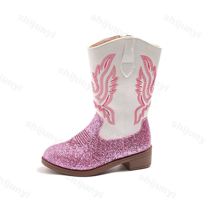 Girls Boots Toddler Snow Gear Mid Calf Glitter Western Cowboy Boot 2025 Autumn Big Kid Riding Girls Botas Size 27-36 Kids Shoes