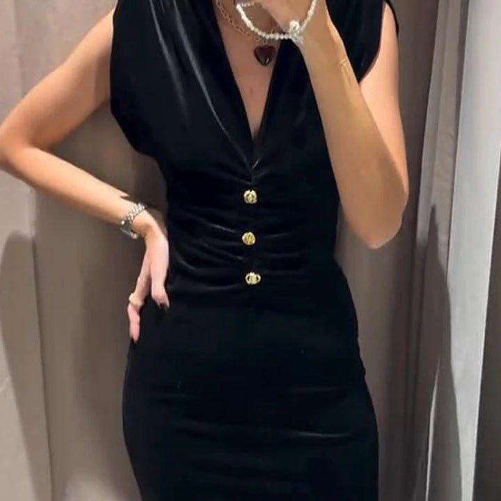 Elegant Velvet Long Dress Women V Neck Sleeveless High Waist Shoulder Pad Dress.