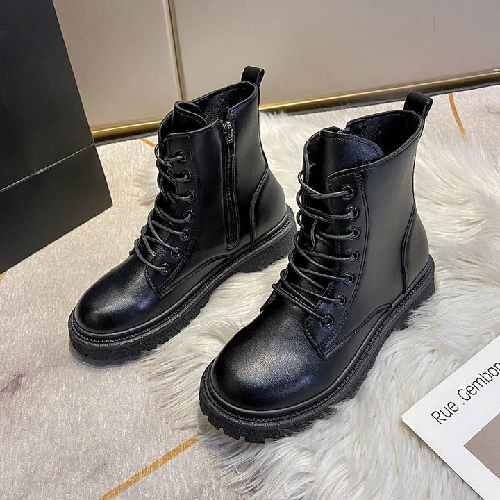 Women 2024 Autumn New Tooling Boots Lady Anti Slip Waterproof Lace Up Short Boots Students Casual Thick Heel Knight Boots