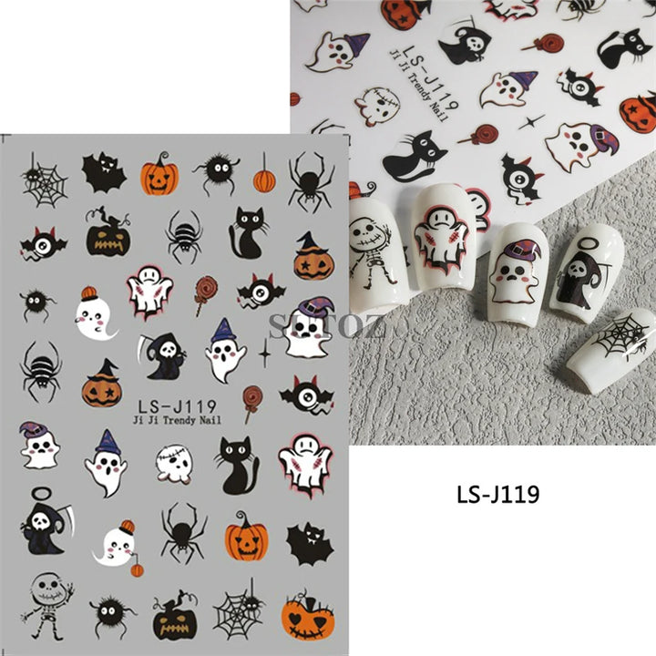 Halloween Nail Art Stickers Pumpkin Skull Cartoon Sticker For Women and Girls Press On Nails Decals Holloween Nail Art Supplies