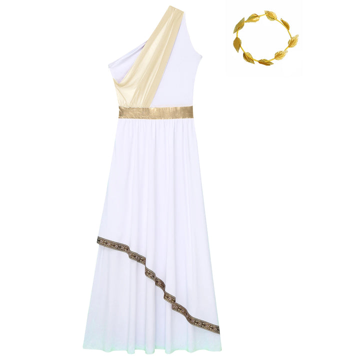 Women Halloween Ancient Greek Dress Ancient Greek Toga Costumes Robe One Shoulder Chiffon Overlay Tunic Dress with Headwear