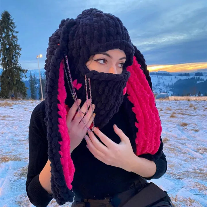 Halloween Funny Rabbit Ears Creative Knitted Hat Beanies Warm Full Face Cover Ski Mask Hat Windproof Balaclava Hat Outdoor Sport
