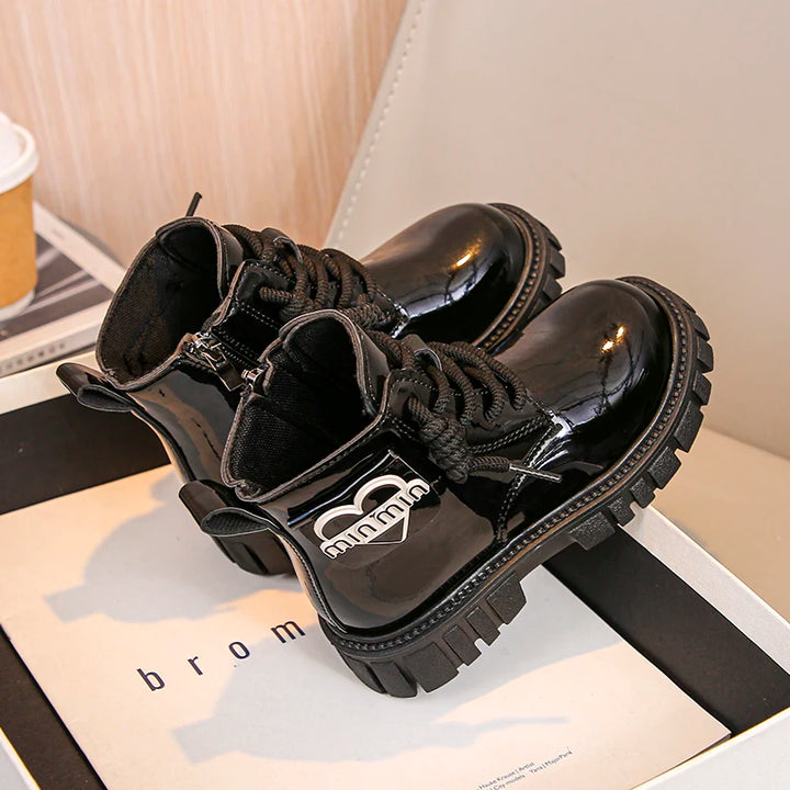 Kids Shoes Boots For Girl New School Thick Bottom Ankle Leather Boots Fashion Round-toe Children Black Short Boots Side Zipper