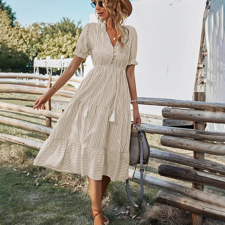 Women Elegant Striped Lantern Sleeve  Causal V-neck Button Ruffles Midi Dress.