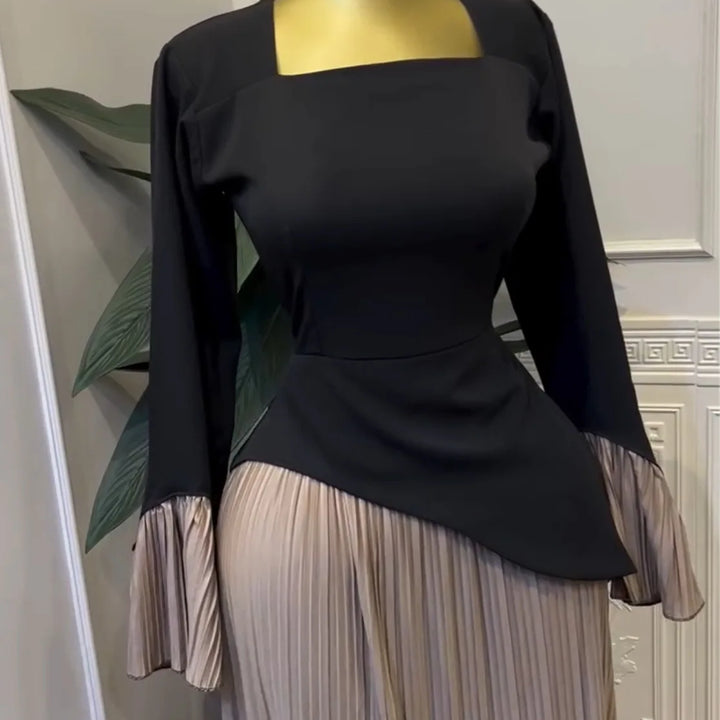 Women Patchwork Flare Long Sleeve U-collar Pleated Big Swing Maxi Long Dress perfect for special occasions.