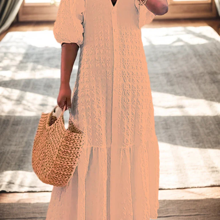 Fashion New Women's Pleated Dress V-neck Single Breasted Casual  Elegant Temperament Style Long Dress