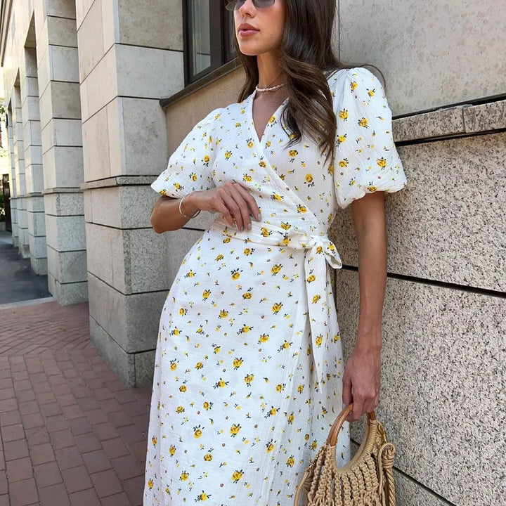Bornladie Women Printed Lace Up D Short Sleeve Fashion Office Lady Long Dress 100% Cotton Daily Casual V-neck