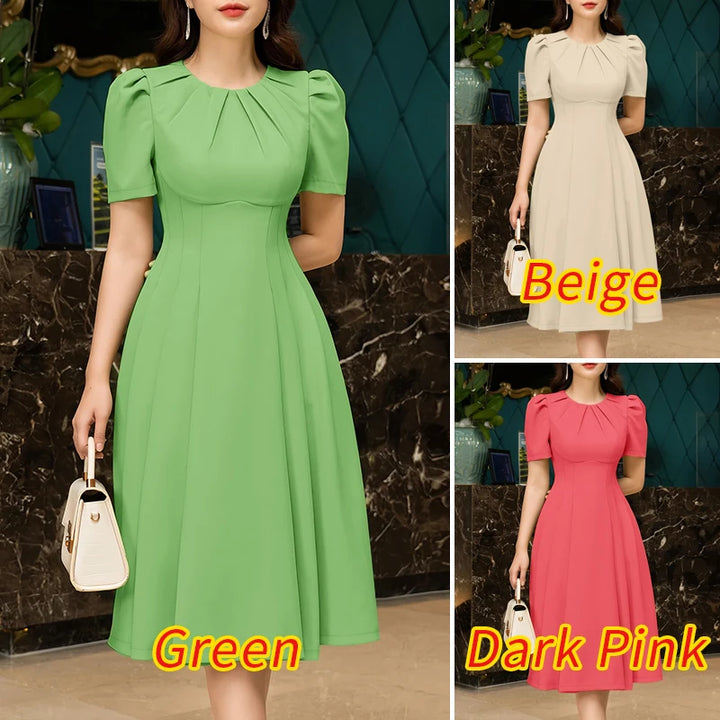 ZANZEA Office Lady Dresses Women Solid Pleated Dress Elegant Short Sleeve Party Vestidos Stylish Holidays Midi Dress