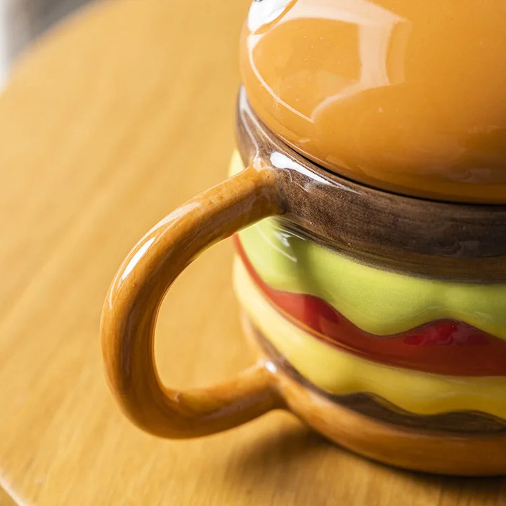 300ML Coffee Mugs Creative Hamburger Shaped Water Cup with Lid Cute and Cute Breakfast Cup Large Capacity Ceramic Hamburger Mug