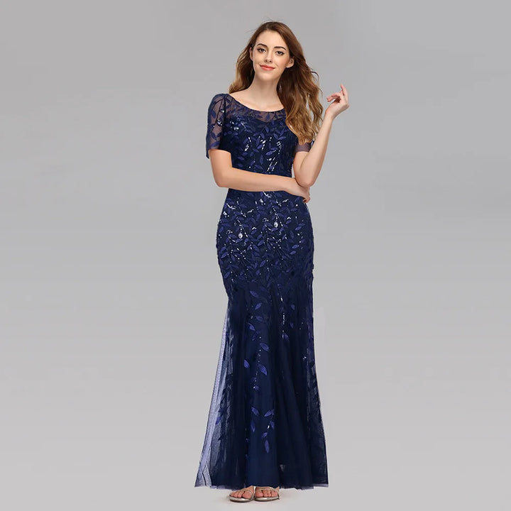 Gorgeous Round Neck Short Sleeves Sequined Mermaid Evening Dress