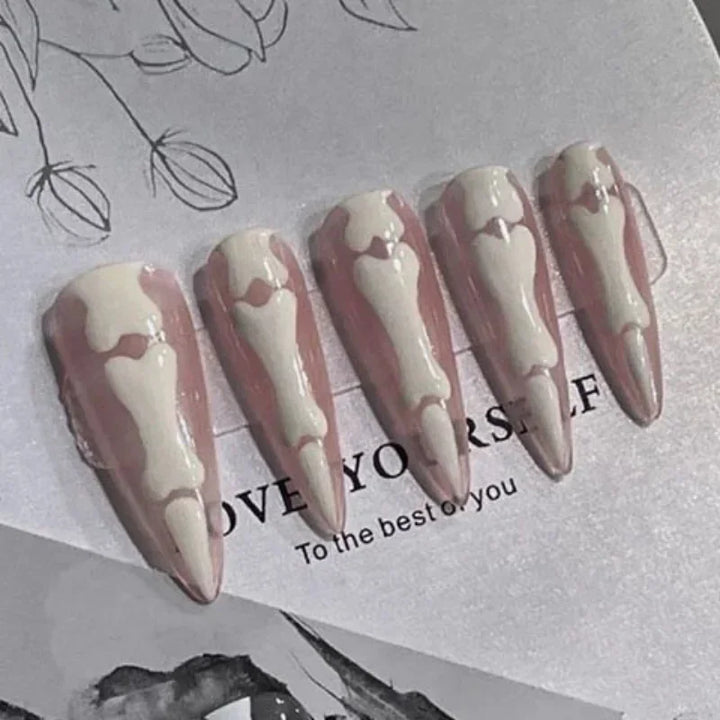 10pcs Halloween Goth Bone Press On Nail-Glossy Long Almond Shape False Nail Sweet and Cool Full Cover Design for Women and Girls