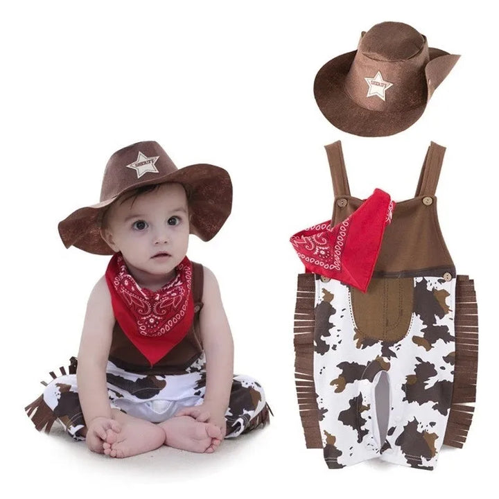 Baby Boy Clothes cowboy Costume Infant Toddler Cowboy Set 3Pcs Hat Scarf Romper Halloween Event Birthday Holiday Cosplay Outfits