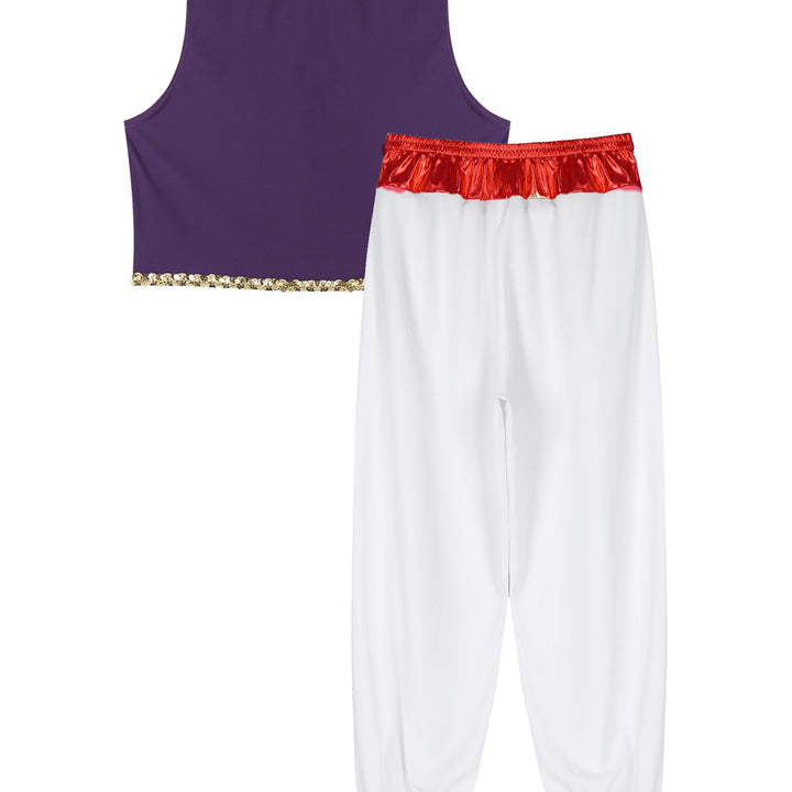Mens Halloween Costume Mythical Arabian Prince Carnival Cosplay Party Outfit Sequin Trim Waistcoat with Belted Pants