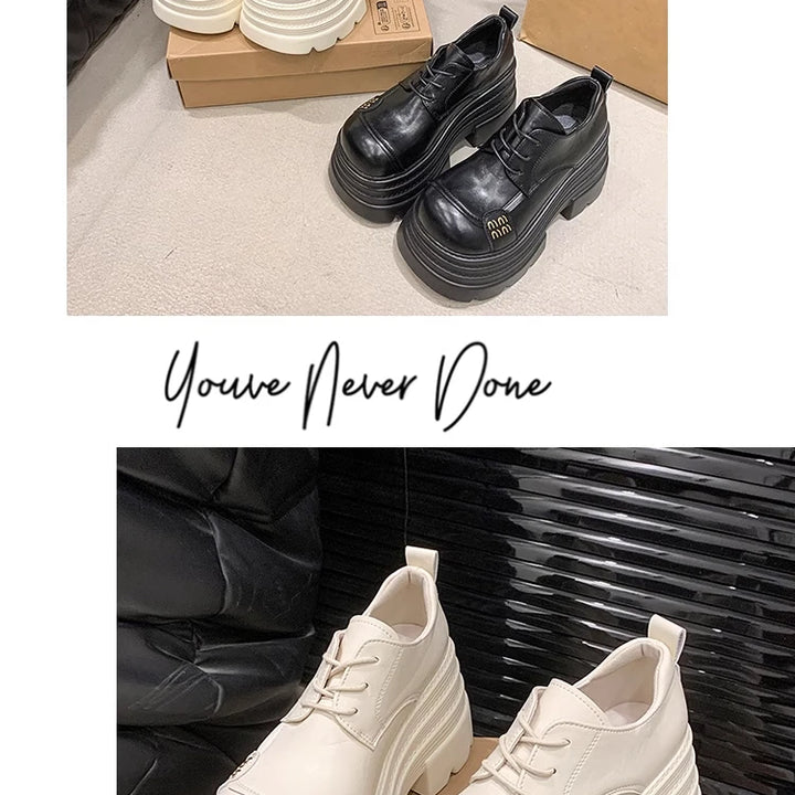 Women's Leather Sneakers New High Platform Lace-up Casual Shoes Thick Sole 10CM Heels Walking Shoes Zapatos Mujer
