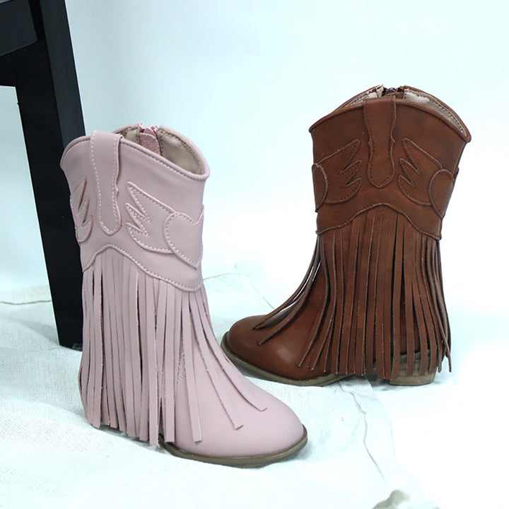 Kids Vintage Western Cowgirls Boots Leather Tassel Princess Low Heeled Knee Boots Cowboys Winter Dress Shoes New Years Christmas