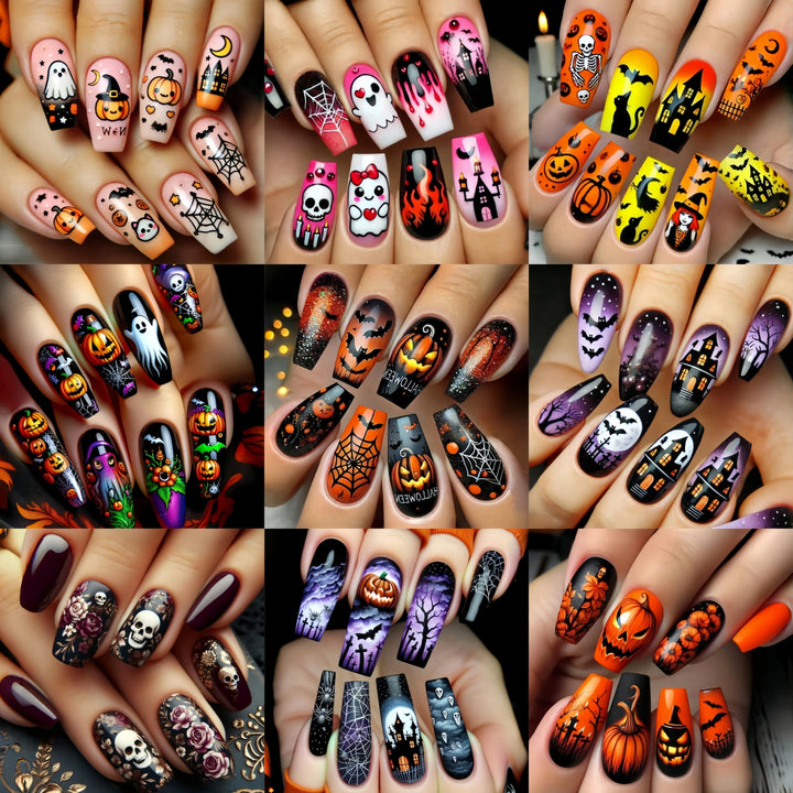 Halloween Fashion Nail Art 216 pieces Nail art patch set Pumpkin Moon Bat Flower Table Nail Art patch Detachable nail art mid-le