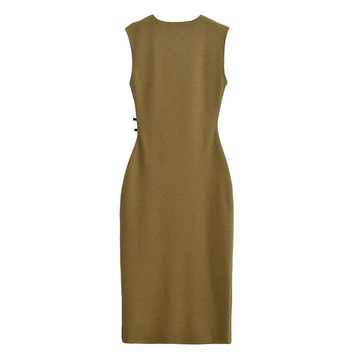 MUJER Pleated Midi Dress for Women Sleeveless Long Dress Vintage Party Buckle Office