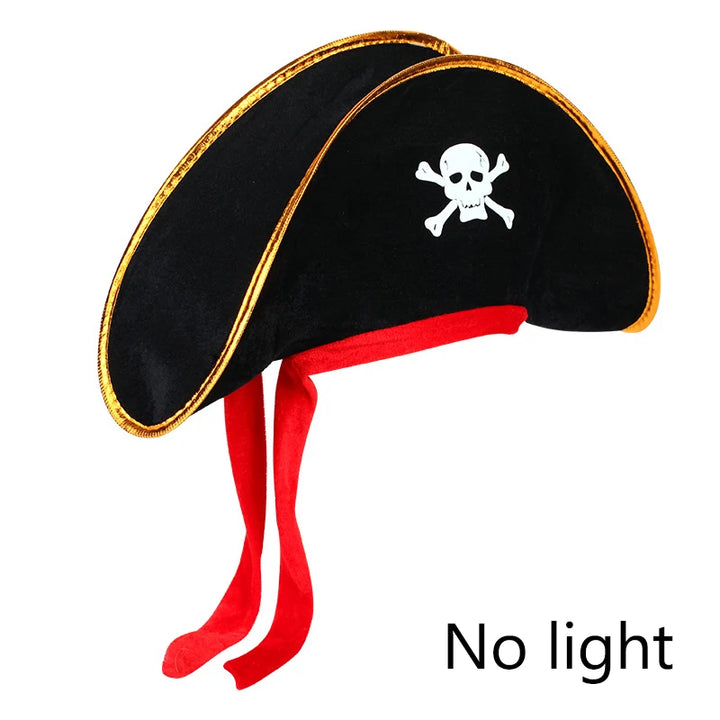 Adults Black Pirate Hats with Skull Pattern Halloween Cosplay Props Parties Caribbean Pirate Costume Hats LED Glowing Party Hat