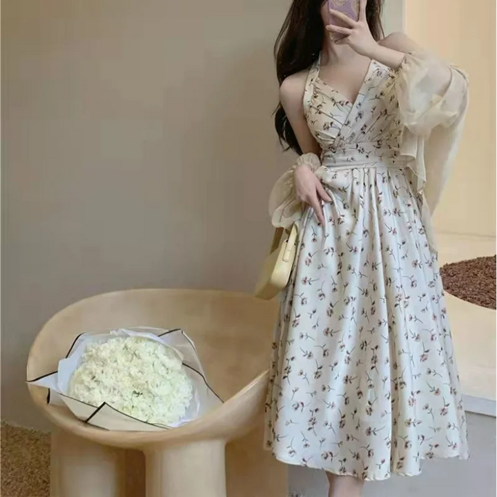 New Gentle Wind Fragmented Flower V-Neck Sling Dress Set Waist Wrap Neck Hanging Long Dress with Thin Cardigan