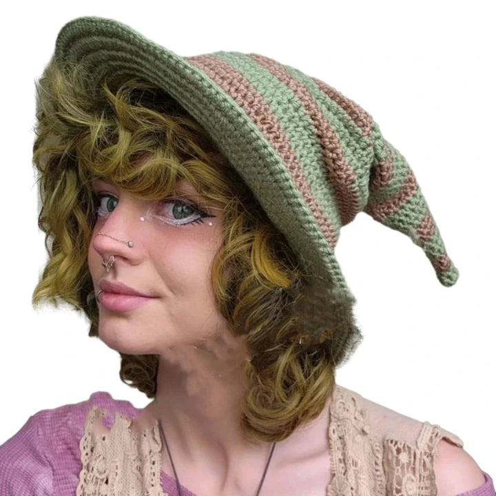 1PC Halloween Party Crocheted Witch Hats Party Wide Brim Pointed Hat Accessory Funny Cosplay Witch Hat with Stripes Photo Prop