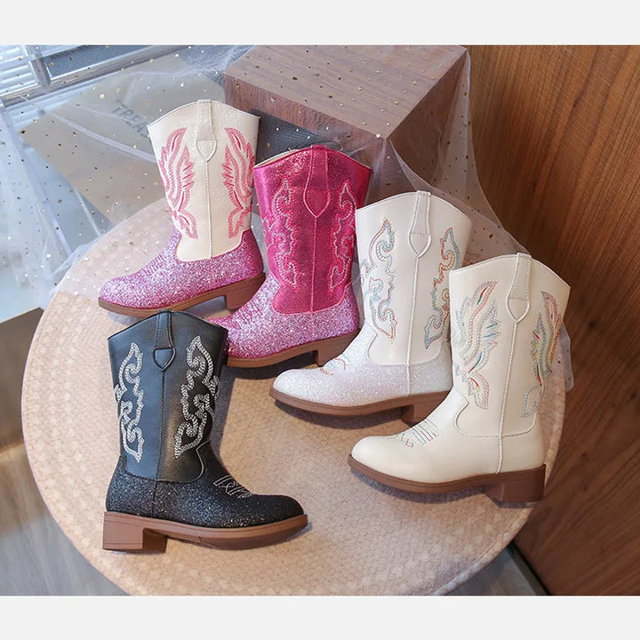 Girls Boots Toddler Snow Gear Mid Calf Glitter Western Cowboy Boot 2025 Autumn Big Kid Riding Girls Botas Size 27-36 Kids Shoes
