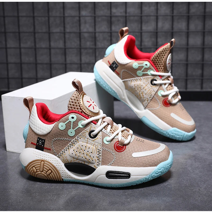 Kids Fashion Sneakers for Boys Leather Breathable Sports Basketball Shoes Lightweight Children School Walking Footwear