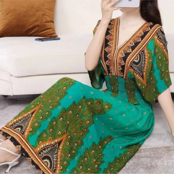 V-neck Large Skirt Hem Casual Sweet Long Dress Bat Sleeves Elastic Waist Bohemian Print Floral Elegant .