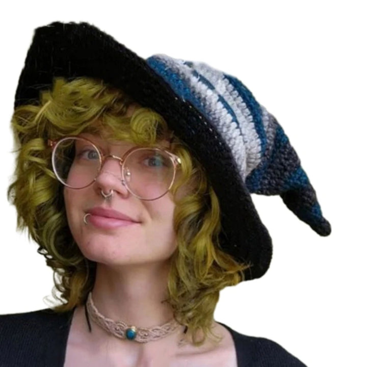 1PC Halloween Party Crocheted Witch Hats Party Wide Brim Pointed Hat Accessory Funny Cosplay Witch Hat with Stripes Photo Prop